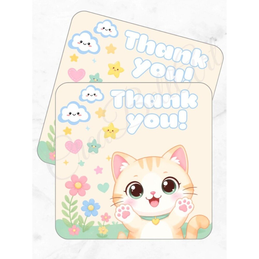 60 Pack Kawaii Cat Square Shaped Thank You Cards